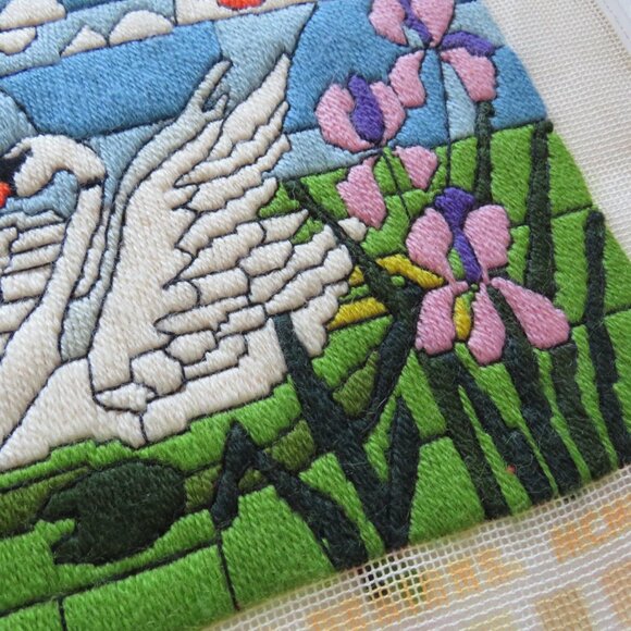 Swans Rainbow Orchids Clouds Vintage Long Stitch Embroidery Completed Tapestry - Picture 3 of 5